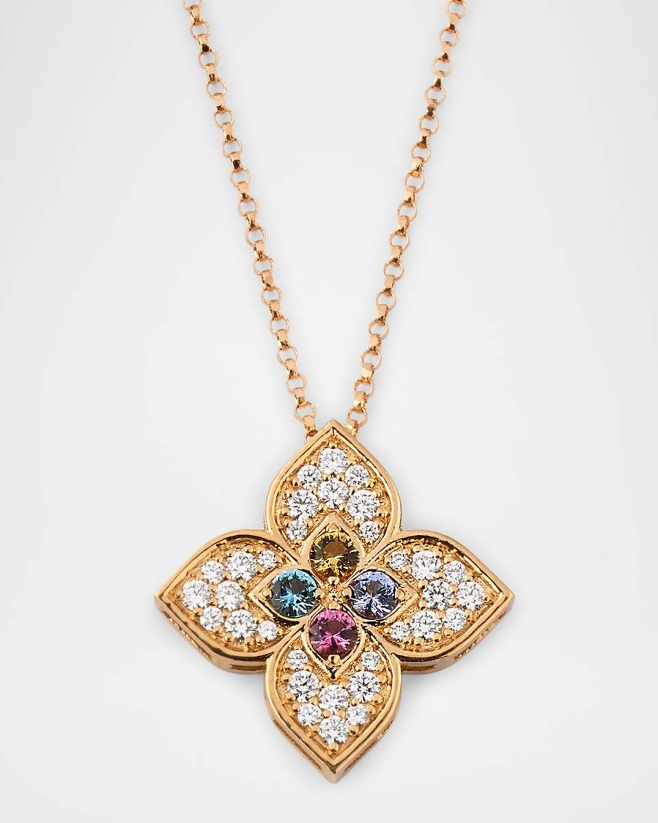 18K Rose Gold Venetian Pendant Necklace with Diamonds, Ruby, Tanzanite, and Topaz, 17"L